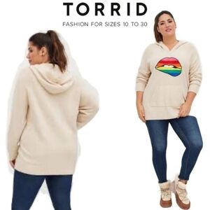 C Torrid Raglan Hoodie Sweater Oatmeal Knit Pride Rainbow Lip Chunky Knit